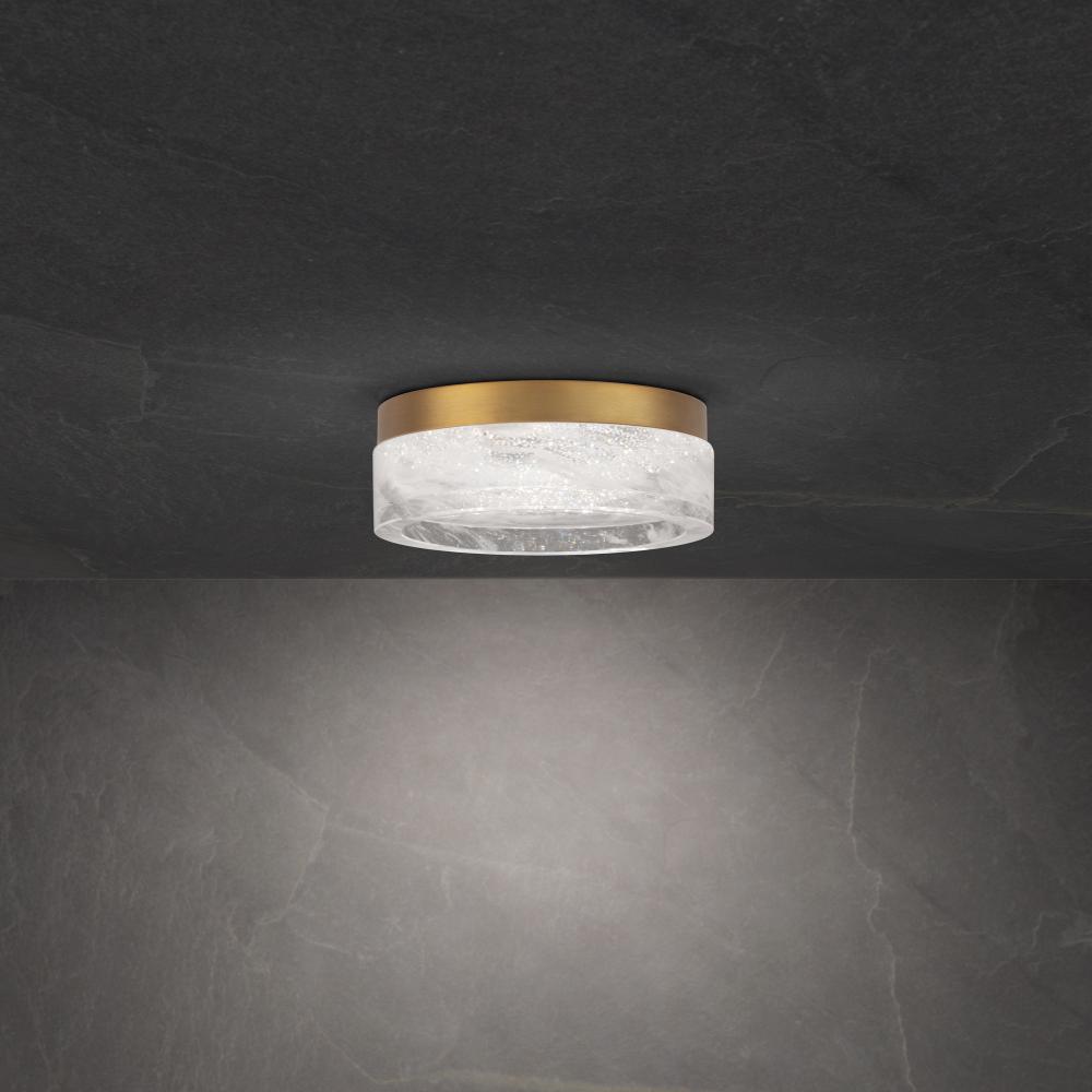 Melange 8in LED 3000K/3500K/4000K 120V-277V Flush Mount in Aged Brass with Optic Haze Quartz