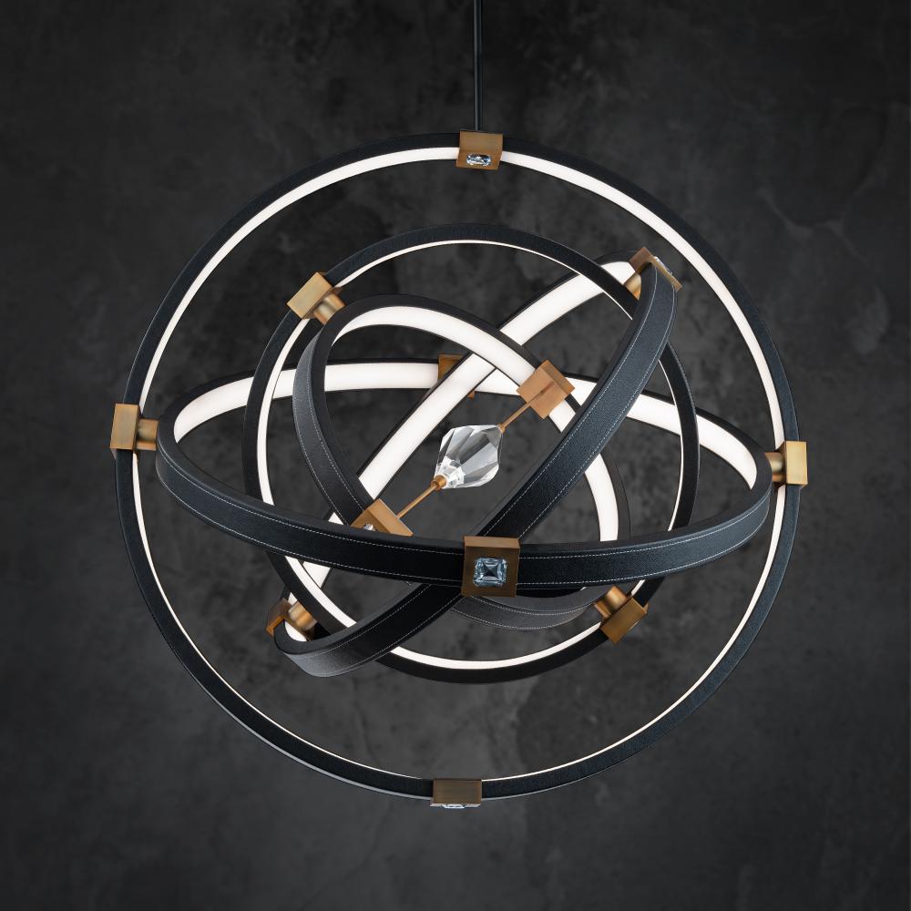 Atomic 36in LED 3000K/3500K/4000K 120V-277V Pendant in Black Leather - Aged Brass with Clear Optic