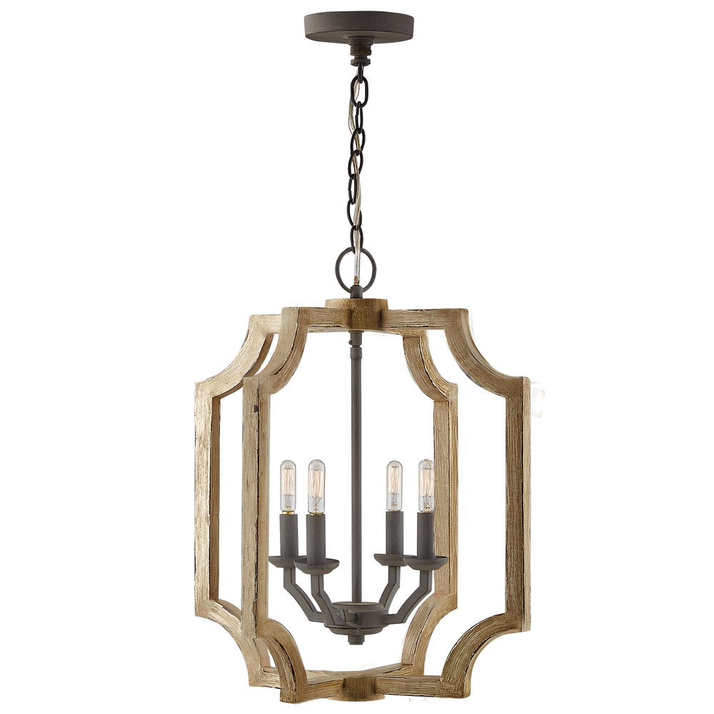 Dora" 4 Lt. Pendant - Sea Salt Wood Frame w/ Iron Accents