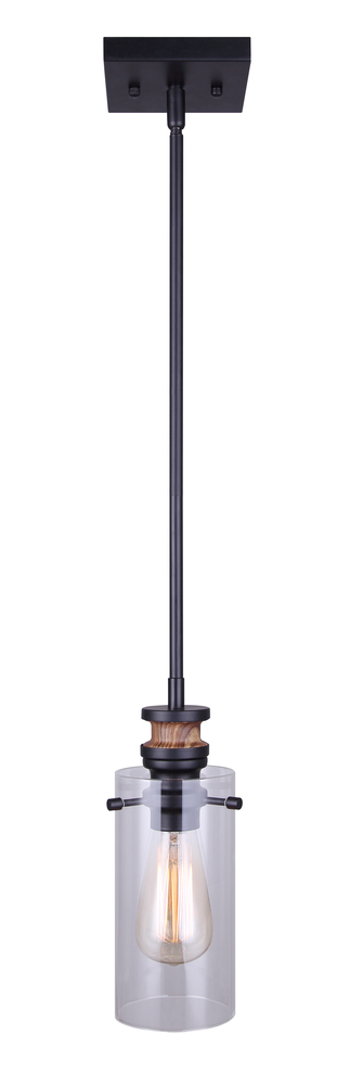 ARLIE, 1 Lt Rod Pendant, MBK+Wood Finish, Clear Glass, 100W Type A, 4 3/4" W x 13 1/4" - 61 