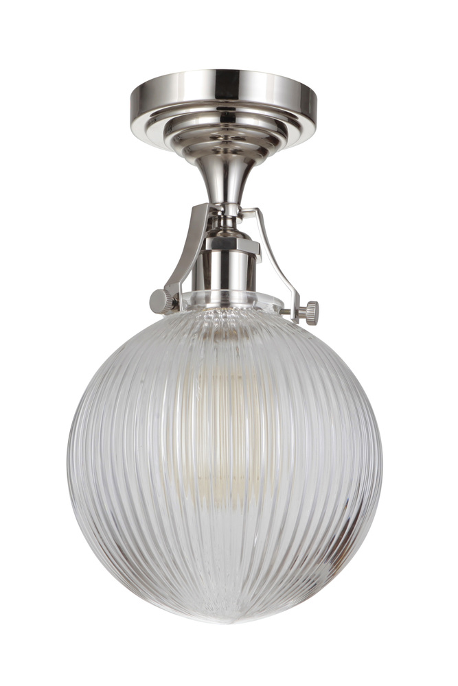 State House 1 Light Clear Ribbed Globe Semi Flush in Polished Nickel